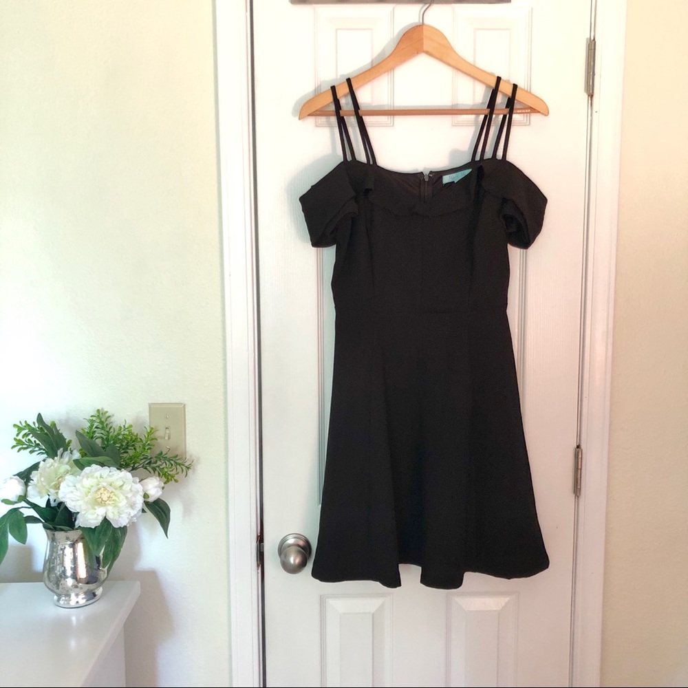 Off-the-shoulder black chiffon cocktail dress